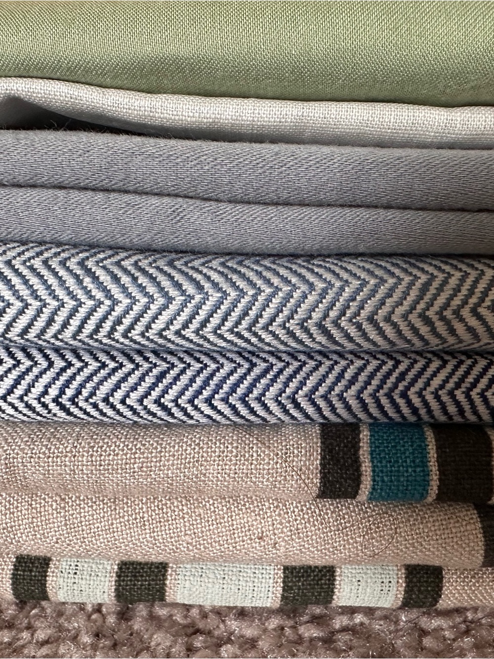 Stacked Textured Home Fabrics - Green, Gray, Navy, Teal Accents